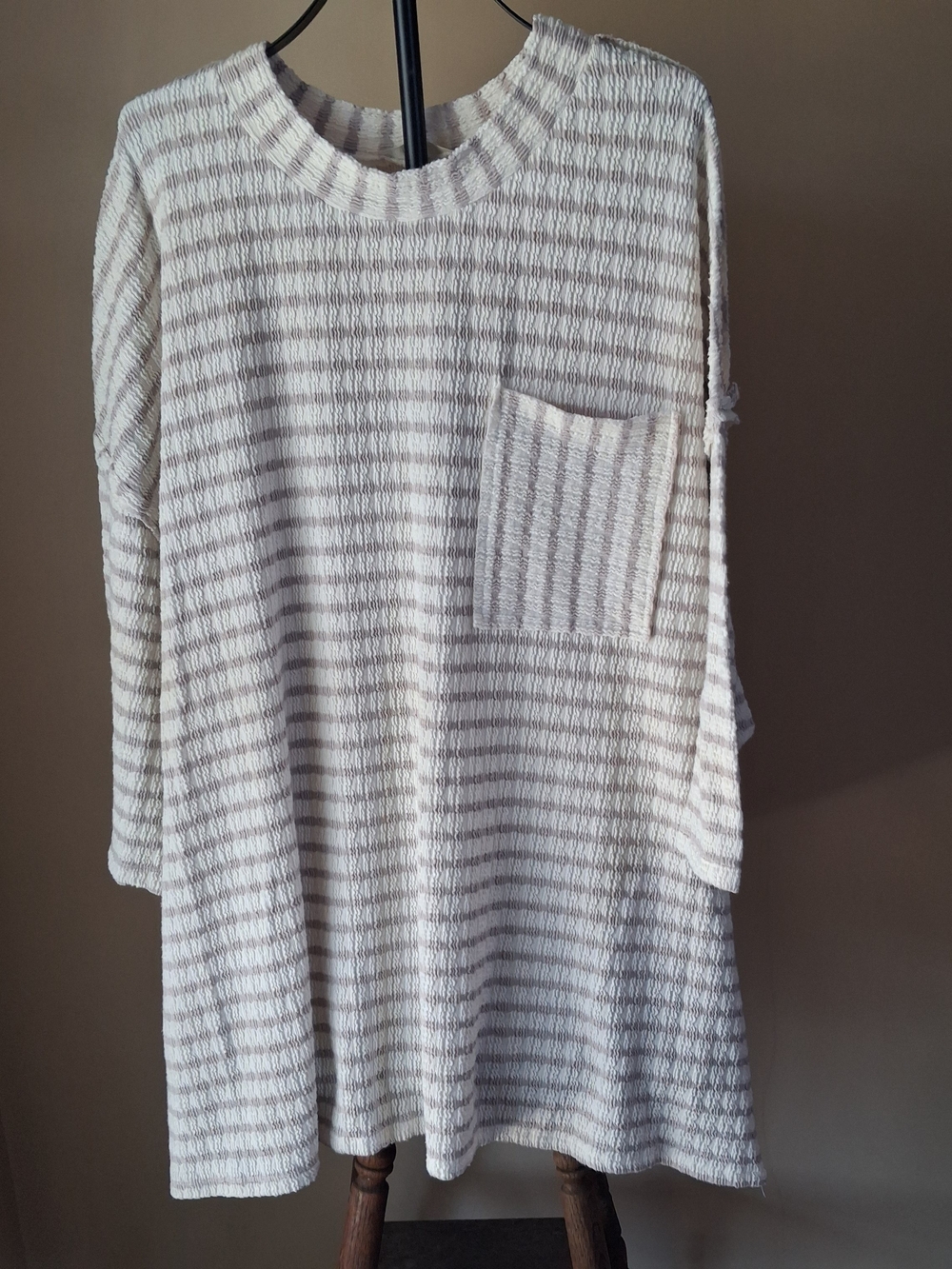P&P Original Boutique Taupe & Ivory Striped Textured 3/4 Sleeve Tunic Top; Sz 2X